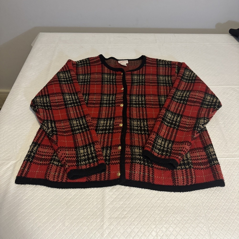 Crystal Kobe Vtg Sz Lg Red Plaid Cardigan Gold Buttons Preppy Old Money 90's